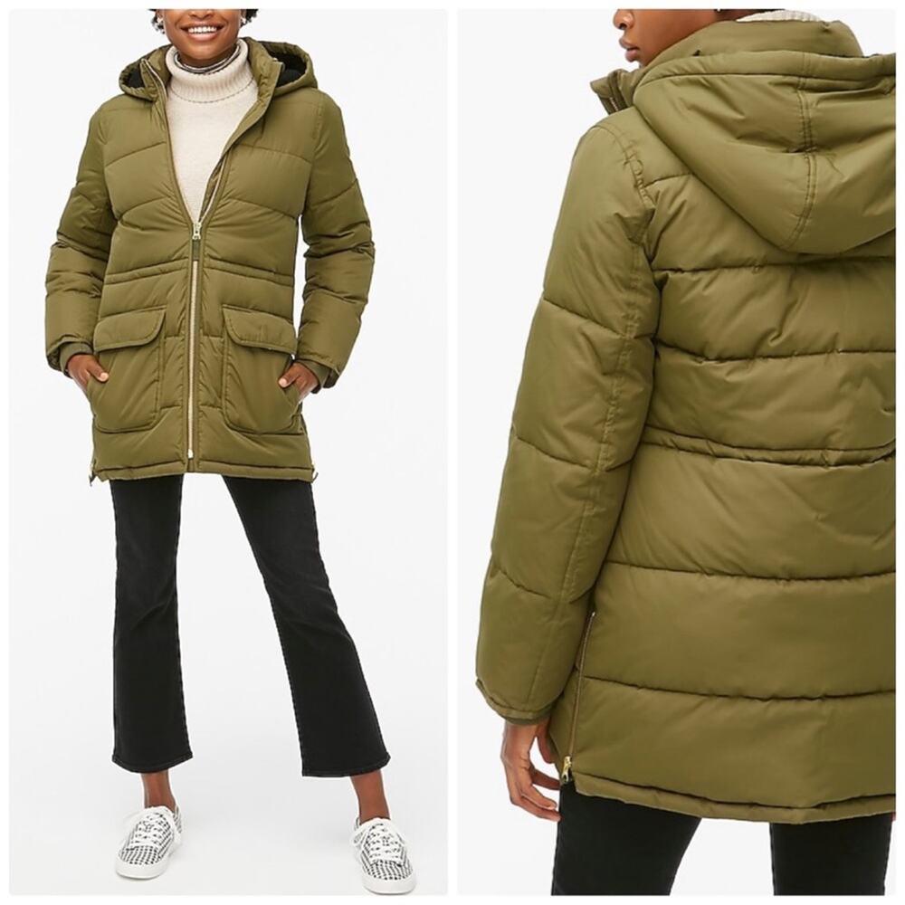 J. Crew Womens Frosty Olive Green Puffer Front Pocket‎ Jacket Size Small NEW